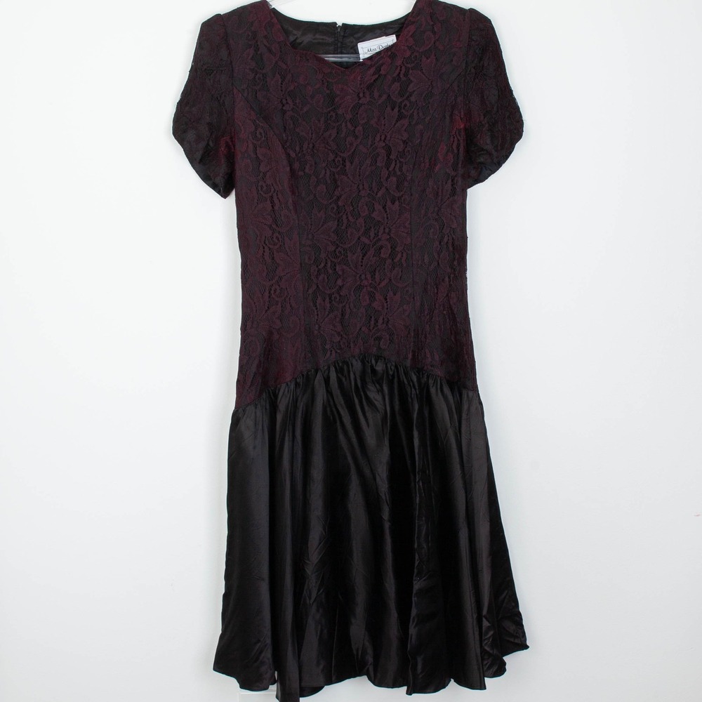 VTG 80s Miss Dorby Lace Midi‎ Dress Purple Black Puff Sleeve Size 16 Whimsigoth